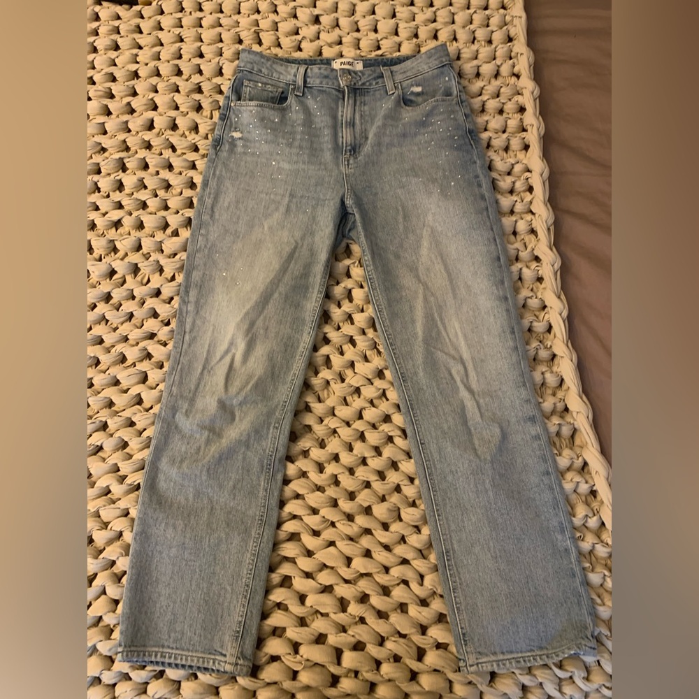 PAIGE Straight Leg Jeans in Light Wash with embellishing around pockets - Picture 3 of 4
